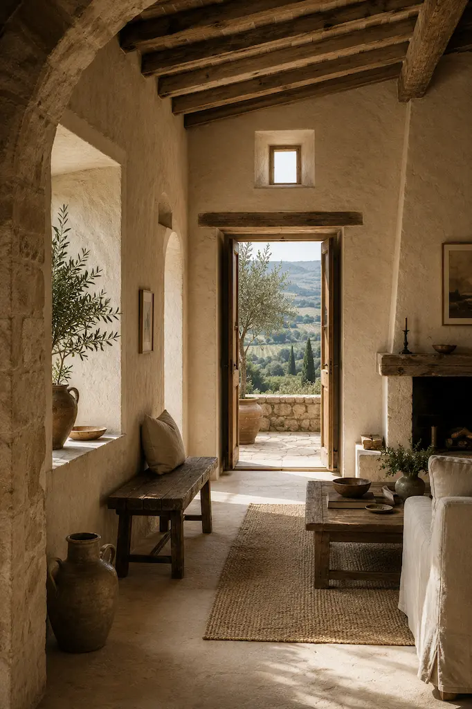 Traditional Mediterranean farmhouse interior with thick plaster walls, deep window openings, exposed wood beams and a shaded doorway overlooking the Tuscan countryside.