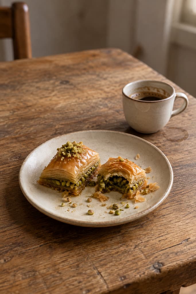 One small, immaculate pistachio baklava on a simple cream ceramic plate, with a second partially eaten piece leaving delicate flakes and a vivid green edge. A tiny coffee cup nearby completes the moment. This should be the quietest photograph—the evidence of hours of work already beginning to disappear.