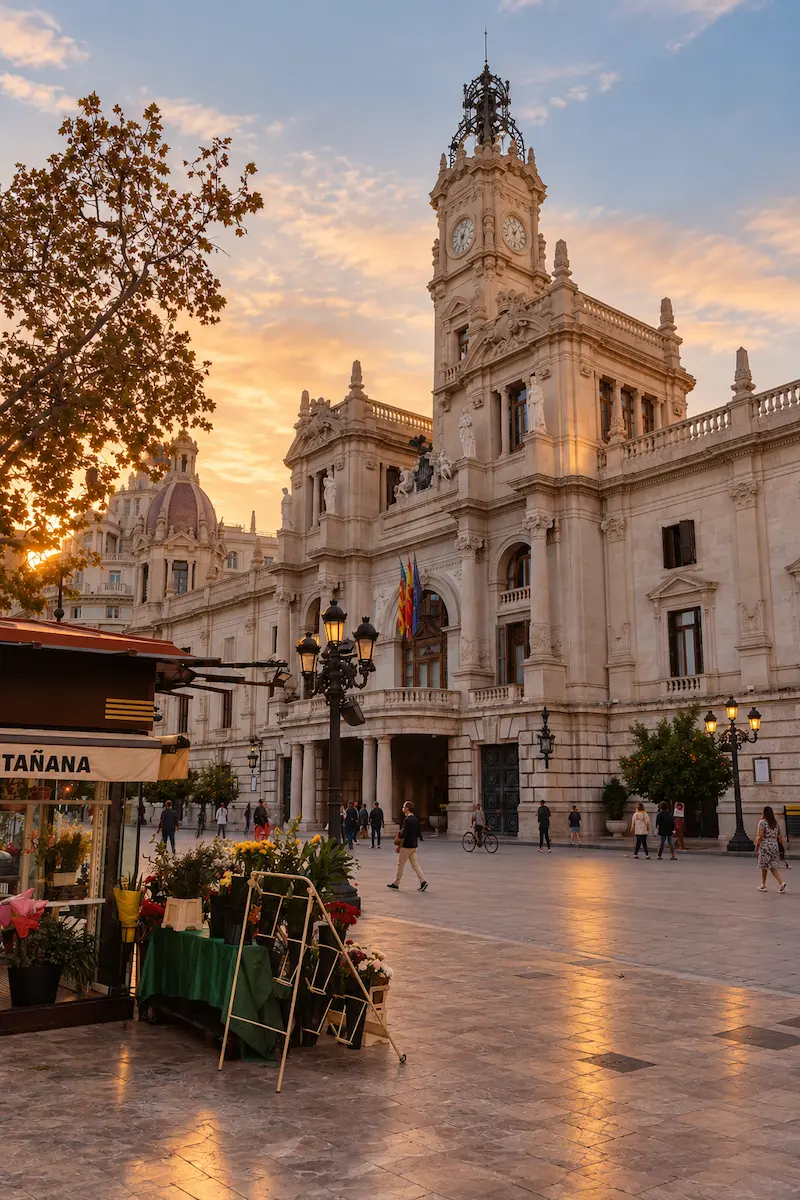 Historic architecture and palm trees in central Valencia at sunset.