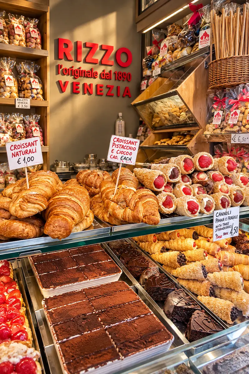 Pastries, croissants and traditional Italian sweets displayed at Rizzo bakery in Venice.