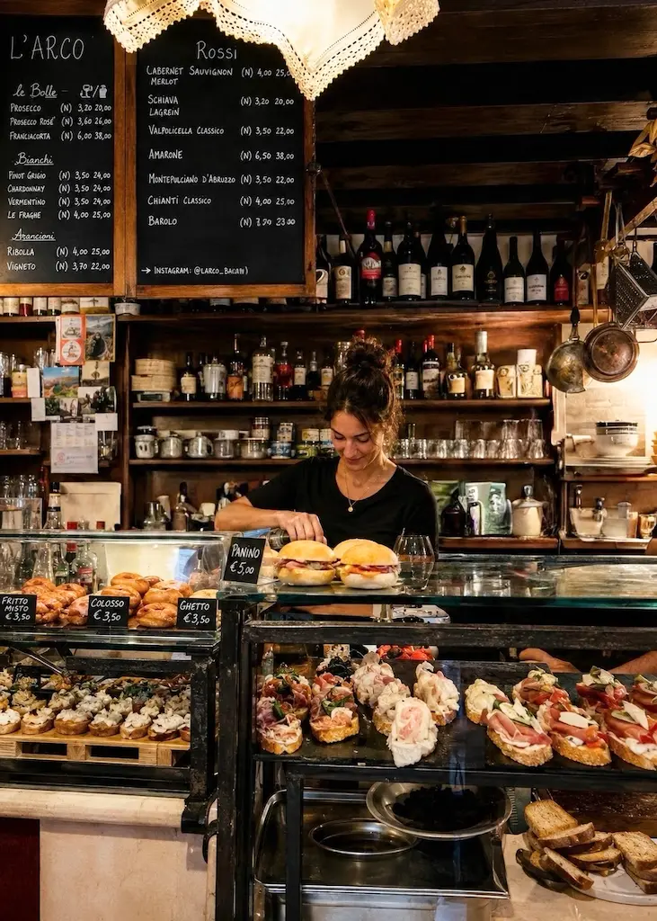 Traditional Venetian bacaro counter filled with cicchetti and Italian wine.