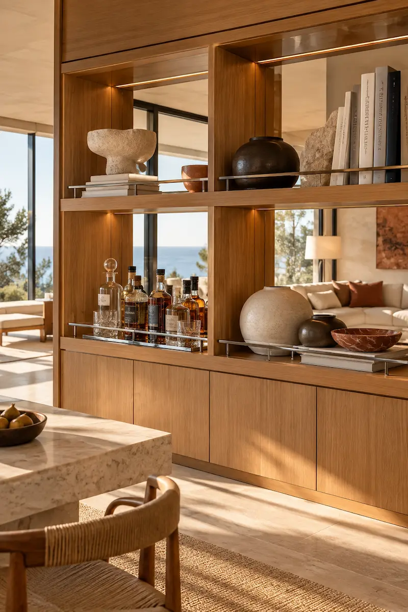 Coastal interior with handcrafted ceramics and sculptural objects displayed among warm wood cabinetry.