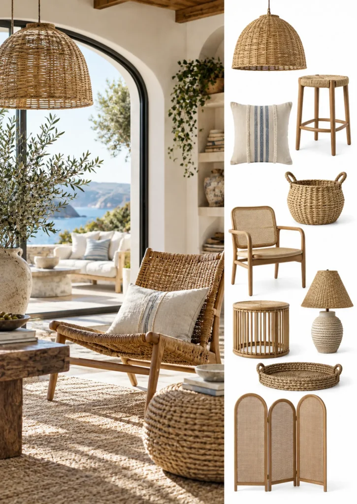 Coastal interior with woven rattan furniture beside a curated selection of wicker and cane home accessories.
