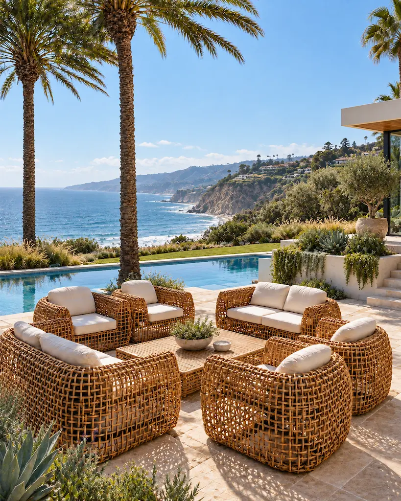 Woven outdoor furniture on a Malibu patio overlooking the Pacific coast and coastal cliffs