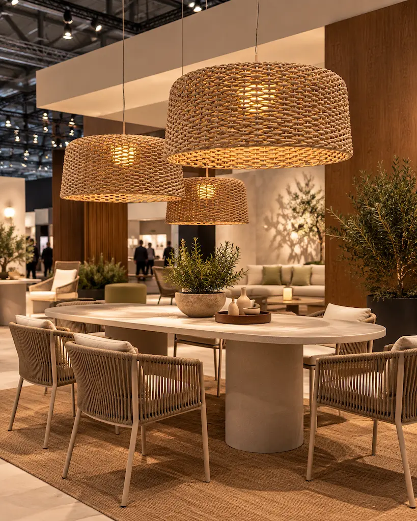 Oversized woven pendant lights above a modern dining setting at an international furniture show.