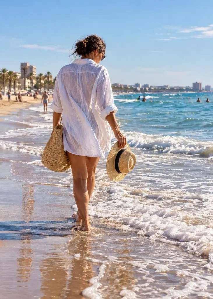 Person dressed in white walking along the Mediterranean shore at Malvarrosa Beach in Valencia