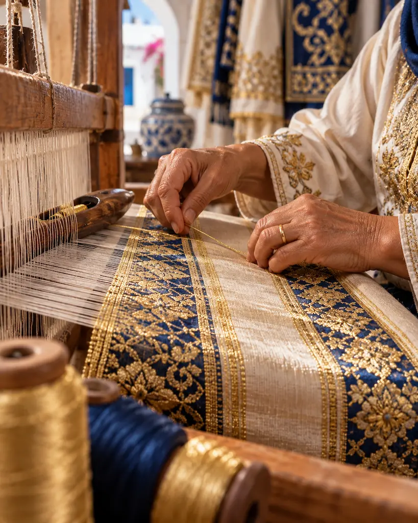 Close-up of handwoven Mahdia silk with blue and gold detailing on a traditional loom