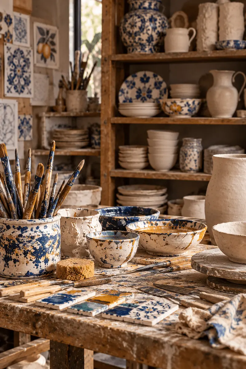 Working ceramics studio filled with handmade pottery, clay, brushes, pigments and unfinished ceramic pieces.
