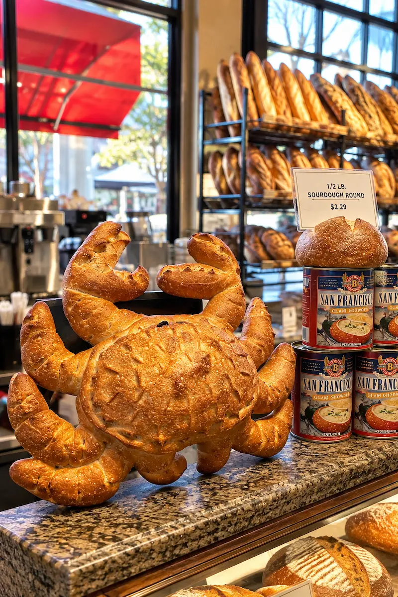 Crab-shaped sourdough bread displayed at Boudin Bakery in San Francisco.