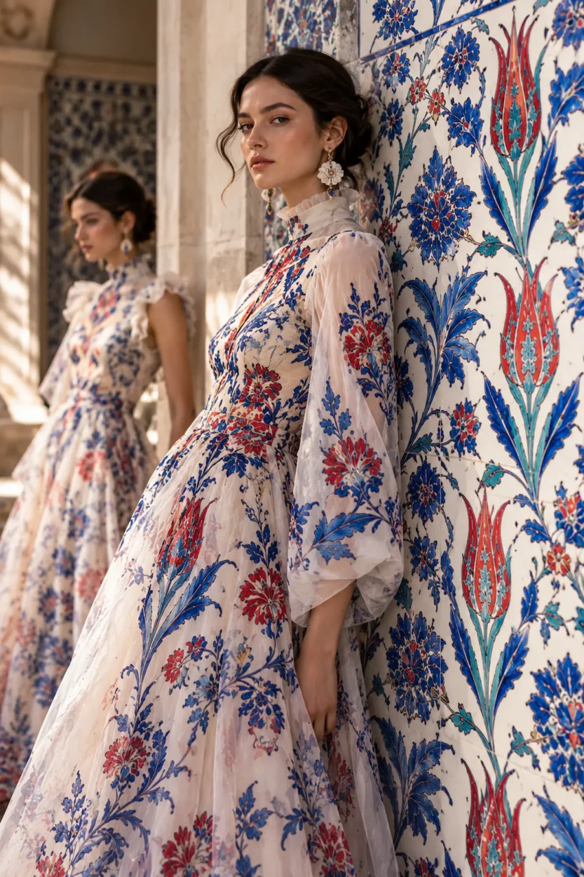 Contemporary fashion inspired by the blue, red and turquoise floral patterns of traditional İznik tiles.