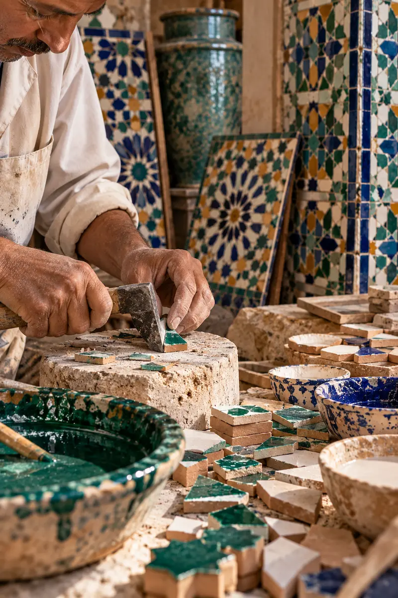 Moroccan zellige artisan hand-cutting glazed clay tiles using traditional techniques in a Fez workshop.