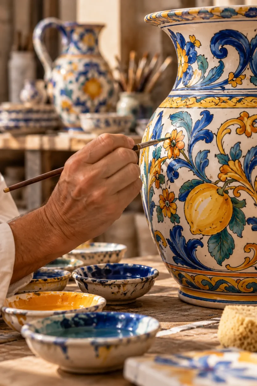 Artisan hand-painting a traditional Italian maiolica ceramic vase with blue, yellow and green decoration.