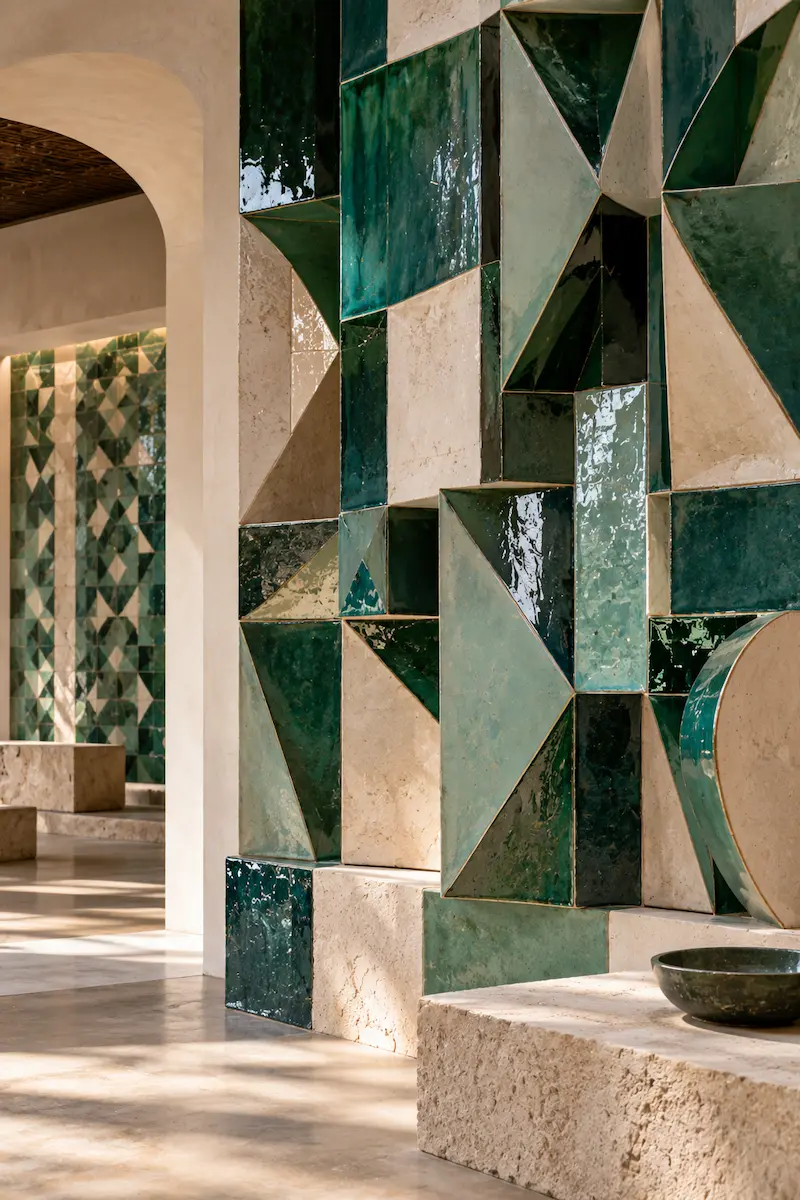 Contemporary architectural installation inspired by Moroccan zellige using geometric green glazed ceramic tiles