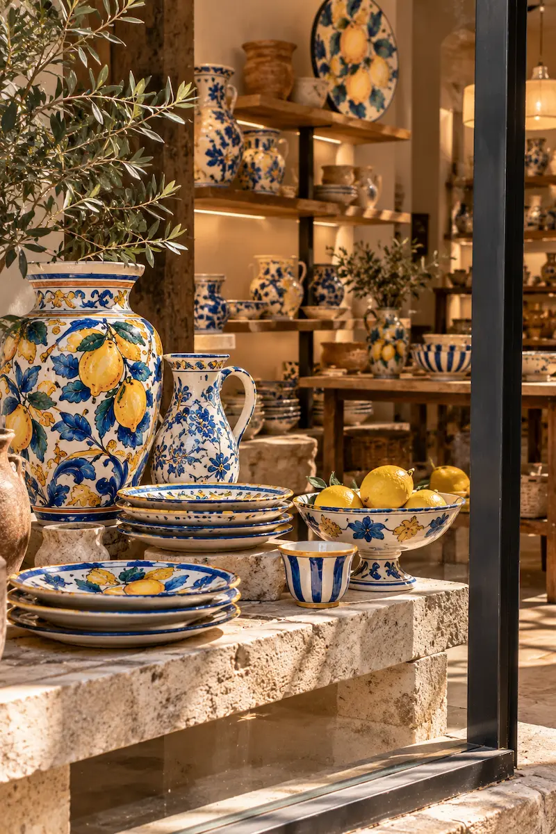 Contemporary ceramics shop displaying hand-painted Mediterranean pottery, plates, bowls and decorative vessels.